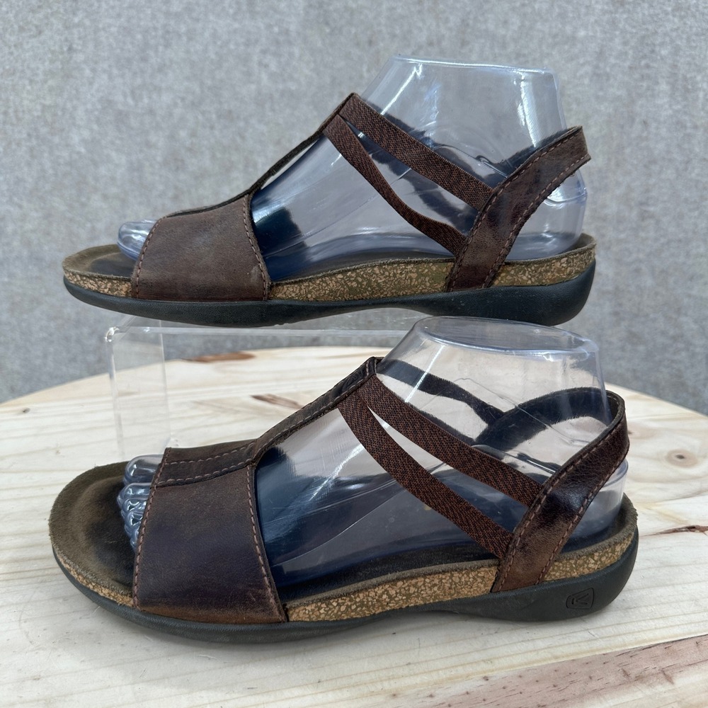 Keen Damaya Lattice Sandals Womens 8.5 Brown Leather Elastic T-Strap Comfort